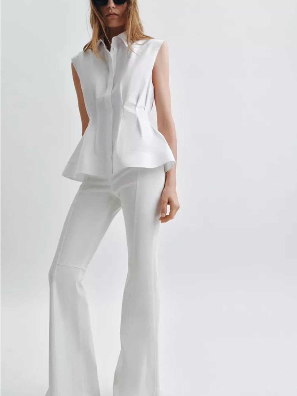 Zara White Sleeveless Peplum Button-Front Top